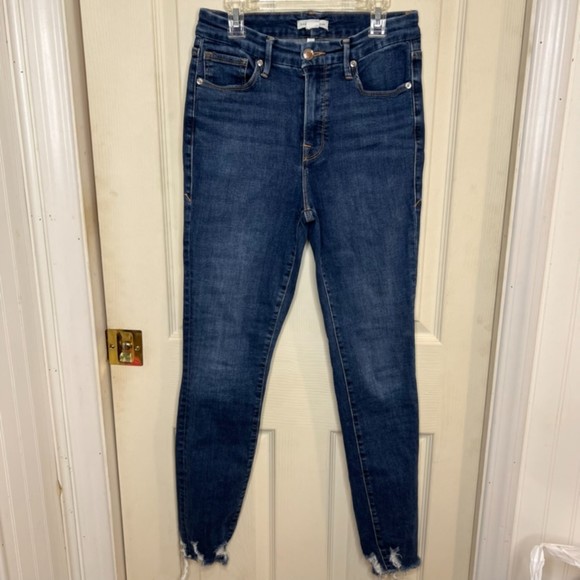 Good American Good Legs Medium Wash High Rise Skinny Jeans Raw Hem Size 6/28 - Picture 1 of 9